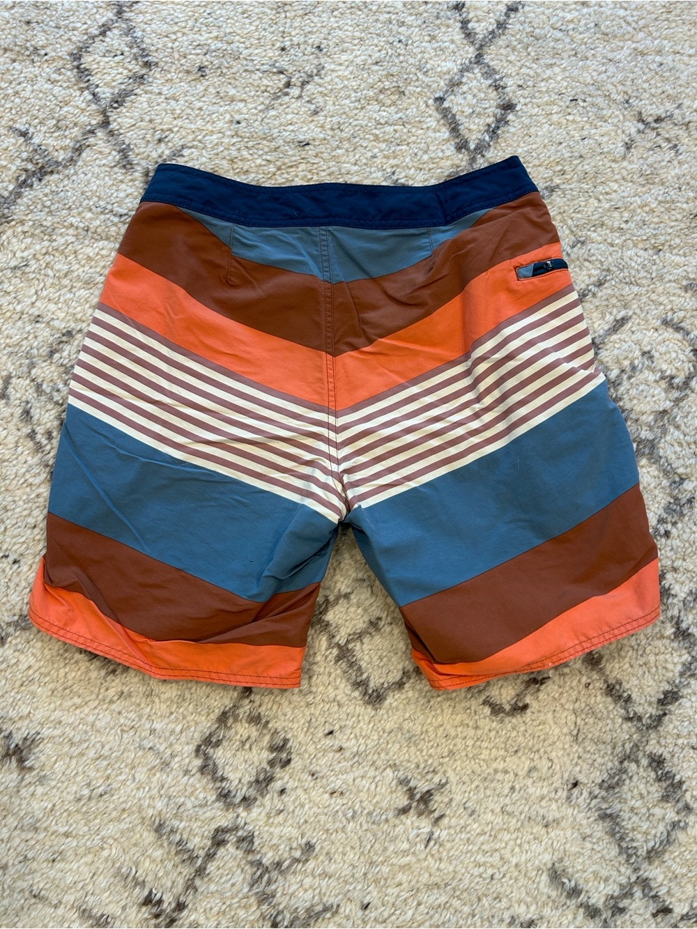 Men's Striped Patagonia Swim Trunks in Orange, Blue & Brown. Size 29.